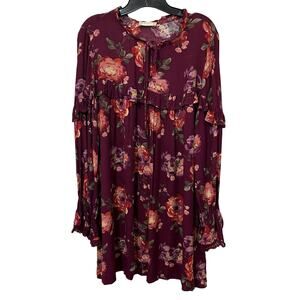 Altar'd State Romantic Dress Large Ruffles Lace Floral Burgundy/ Orange/Purple